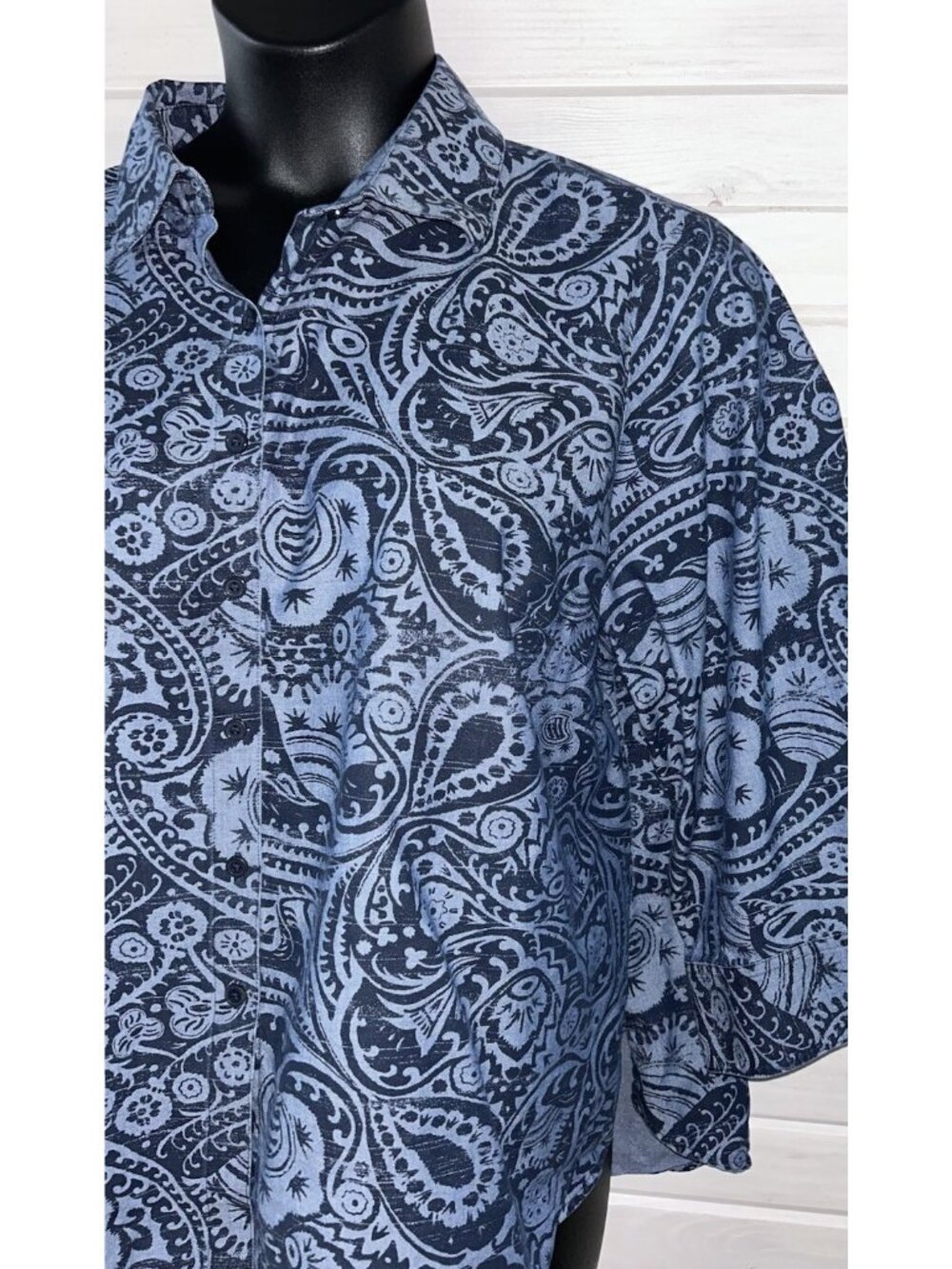 Westbound Woman Sz 2X Blue Paisley Wrinkle Free 3/4 Sleeve Button Up Shirt EUC